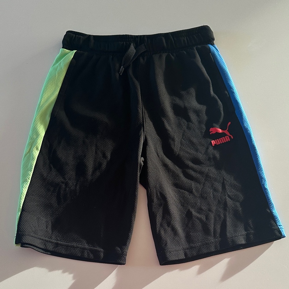 Puma kids boy Black Shorts with Blue and Green Accents